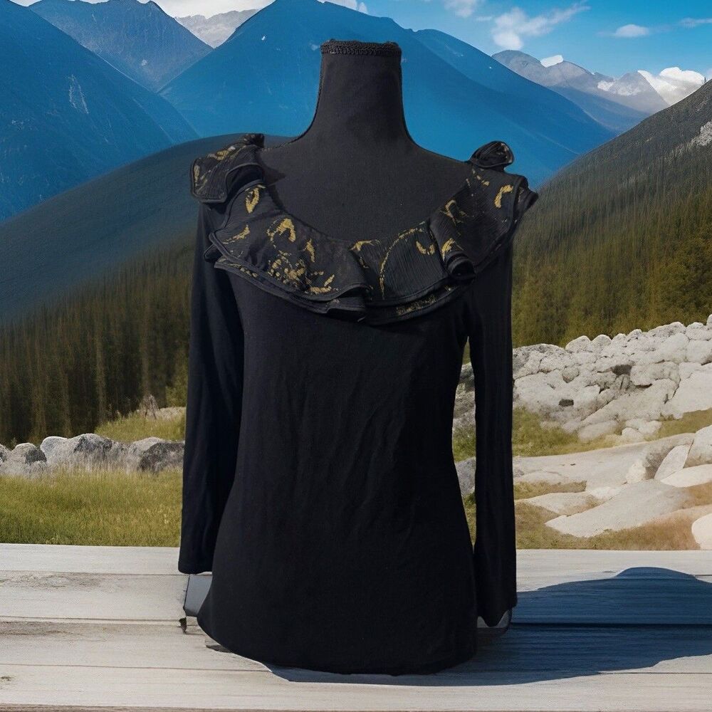 Lauren Ralph Lauren Black Long-Sleeve Ruffle Blouse with Gold Accent